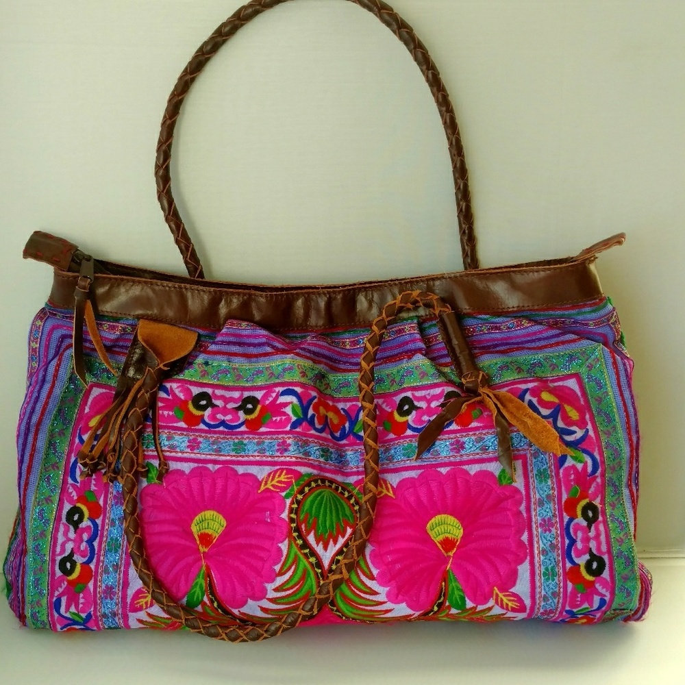Boho festival floral bag  leather trim purple, New